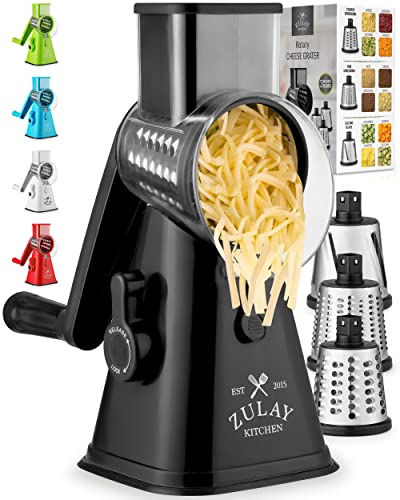 Rotary Cheese Grater with Upgraded, Reinforced Suction - Round Cheese Shredder Grater with 3 Replaceable Stainless Steel Drum Blades - Easy To Use & Clean - Vegetable Slicer & Nut Grinder (Black) - Deluxe Black