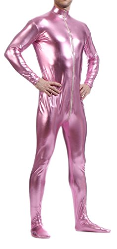 Seeksmile Unisex Metallic Bodysuit Zentai without Hood Adult Shiny One Piece Spandex Body Suit Halloween Costume - Large - Pink