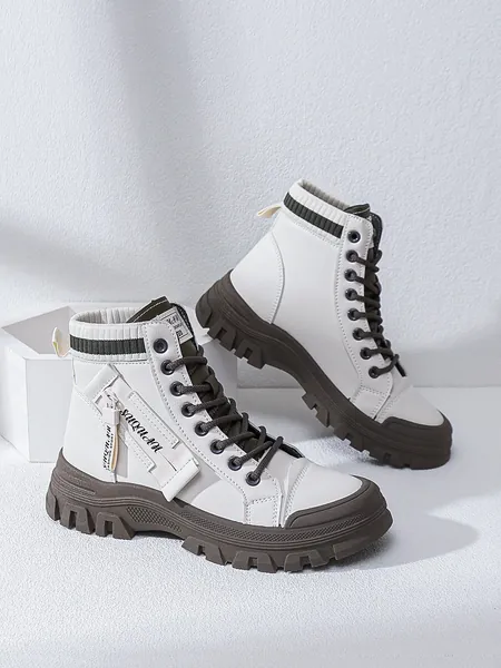 Women Beige Letter Patch Decor Lace-Up Front Chunky Sneakers