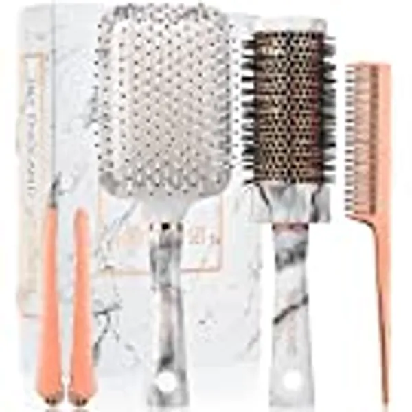 Hair Brush Set for Women - Paddle Brush, Round Blow Drying Hairbrush, Tail Comb & Clips - Professional Hairbrushes Marble & Rose Gold by Lily England