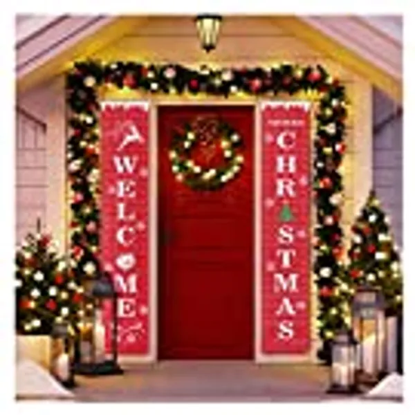 VOSAREA Welcome Christmas Banner, Christmas Decorations Outdoor Indoor Merry Christmas Porch Sign Red Xmas Decor Hanging Banners for Door Home Wall Apartment Party Supplies