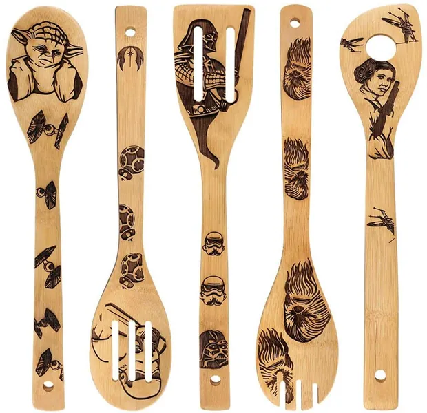 Star War Burned Wooden Spoons Utensil Set, Star War Idea Gift Cooking Utensils, Non-Stick Cookware Set Fun Warming Present 5 Pieces