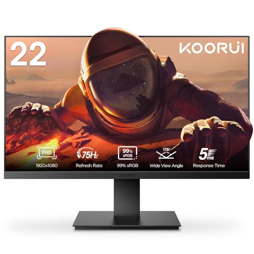 KOORUI Écran PC gaming 22 Pouces Full HD (1920 x 1080), VA, 75Hz, 5ms, Ratio de Contraste de 3000:1, Mode Faible lumière Bleue, Angle de Vision de 178°, VGA et HDMI, Design Épuré Avec Bords Ultra-fins - 22 Pouces-FHD/VA/75Hz