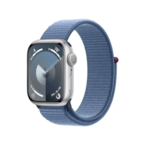 Apple Watch Series 9 [GPS 41mm] Smartwatch with Silver Aluminum Case with Winter Blue Sport Loop. Fitness Tracker, Blood Oxygen & ECG Apps, Always-On Retina Display, Carbon Neutral - Silver Aluminum Case with Winter Blue Sport Loop - 41mm - One Size - fits 130–200mm wrists - Without AppleCare+