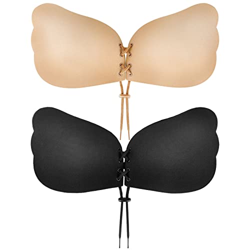 Sticky Bra, Backless Strapless Bra Push Up, Adhesive Invisible Lift Up Bras 2 Pairs - B - Black/Beige