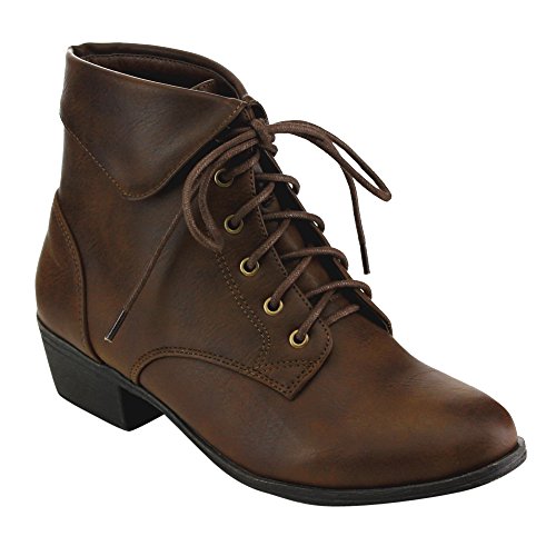 TOP Moda EC89 Women's Foldover Lace Up Low Chunky Heel Ankle Booties - 7.5 - Brown