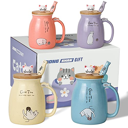Cute Cat Set of 4 Ceramic Coffee Cups - 450ML/15oz (4pcs,Blue Pink Purple Yellow) 