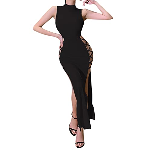 Women's Black Split Side Gothic Dress Sexy Turrleneck Sleeveless Long Dress Bodycon for Halloween Party Clubwear - Medium - Black 2