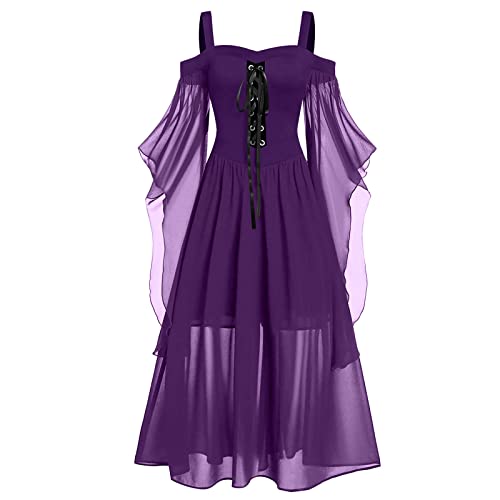 Renaissance Gothic Dress for Women Halloween Costume Off Shoulder Lace Trumpet Sleeve Dresses Medieval Steampunk Dress - 08-purple Vintage Dress - Medium