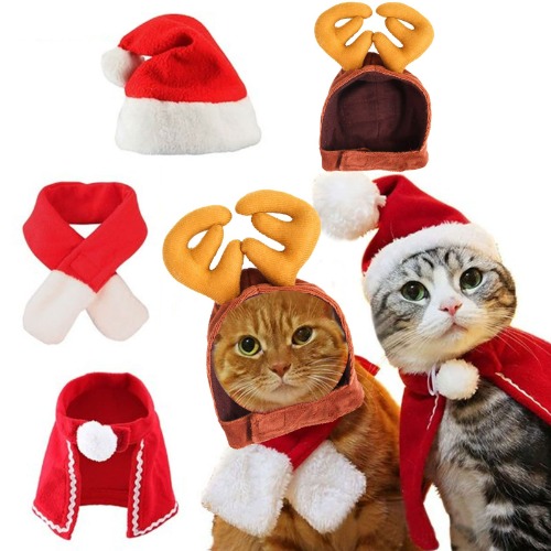 Cykapu Puppy Cat Christmas Outfit, Cat Set of 4 Cloak Santa Hat Scarf Antlers Hat Adjustable, Christmas Dog Costume for Dog Cat Puppy Gift