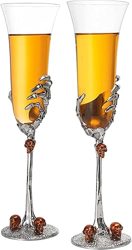 The Wine Savant Stemmed Skeleton Champagne Glasses Set of 2 7oz Skeleton Glasses 9" H, Goth Gifts, Skeleton Decor, Spooky Wine, Water or Champagne Gift Set, Champagne Glasses - Double Set