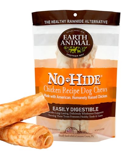 Earth Animal No Hide Medium Chicken Flavored Natural Rawhide Free Dog Chews Long Lasting Dog Chew Sticks | Dog Treats for Large Dogs | Great Dog Chews for Aggressive Chewers (1 Pack) - Chicken - 2 Count (Pack of 1)