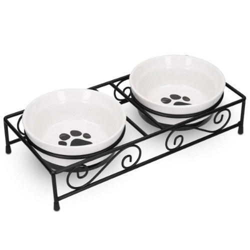 Navaris Ceramic Pet Bowl Set - Food Water Bowls for Cats, Small Dogs and Puppies with Non-Slip Retro Metal Stand - Set of Bowls, 10.8 oz Each - 2 Bowls