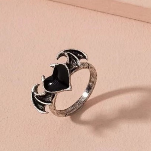 Black/Red Heart Angel Wings Ring - Black