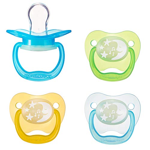 Amazon Brand - Mama Bear Glow-in-the-Dark Baby Pacifier, Stage 1 (0-6M), BPA Free, Assorted Colors (Pack of 4) - Stage 1 (0-6M)