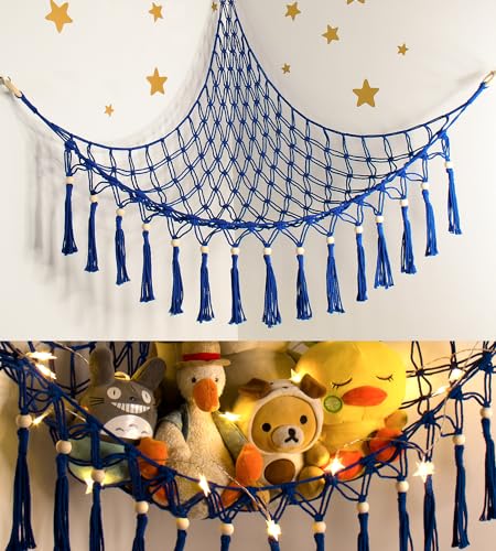 Stuffed Animal Toy Storage Hammock with LED Light-Macrame Jumbo Doll Room Organizer Mesh Decoration-Hanging Storage Nets Kids Bedroom(Blue Beads) - Blue - L (39.5"*39.5"*48")