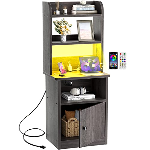 Tall Nightstand with Charging Station and LED Lights - 47" Tall Bedside Table with Adjustable Bookshelf, Industrial End Table Side Table with Storage Cabinet for Home Office, Enoch Walnut - Enoch Walnut