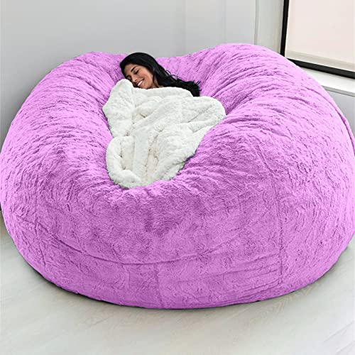 Giant Fur Bean Bag Chair Cover for Kids Adults, (No Filler) Living Room Furniture Big Round Soft Fluffy Faux Fur Beanbag Lazy Sofa Bed Cover (Purple, 7FT) - 7FT - Purple