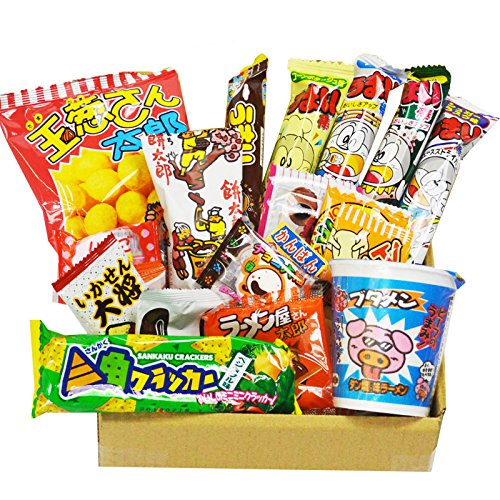 Japanese Dagashi 18 pcs Assortment & Cup Noodles Ramen BUTAMEN Set Special Box with AKIBA KING Sticker