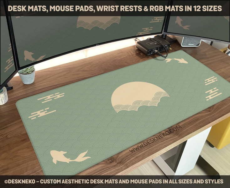 Japanese Desk Mat, Sage green Mousepad aesthetic, Clouds Koi fish sun art Japan, Matcha waves Large XXL Gaming Deskmat RGB LED mouse pad