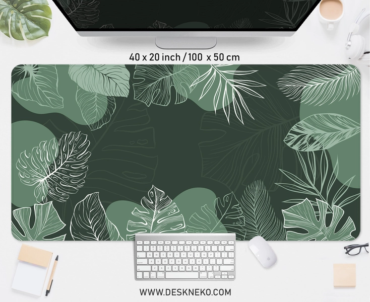 Green plants desk mat monstera, Tropical mouse pad cute, xxl gaming deskmat rgb led xl, Nature forest leaves aesthetic, Mousepad wrist rest