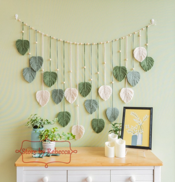 Custom Green Leaves Garland, Handmade Leaf Bunting, Macrame Feather, Plant Lover Gift, Kid's Room Decor, Headboard Wall Art, Party Decor L09