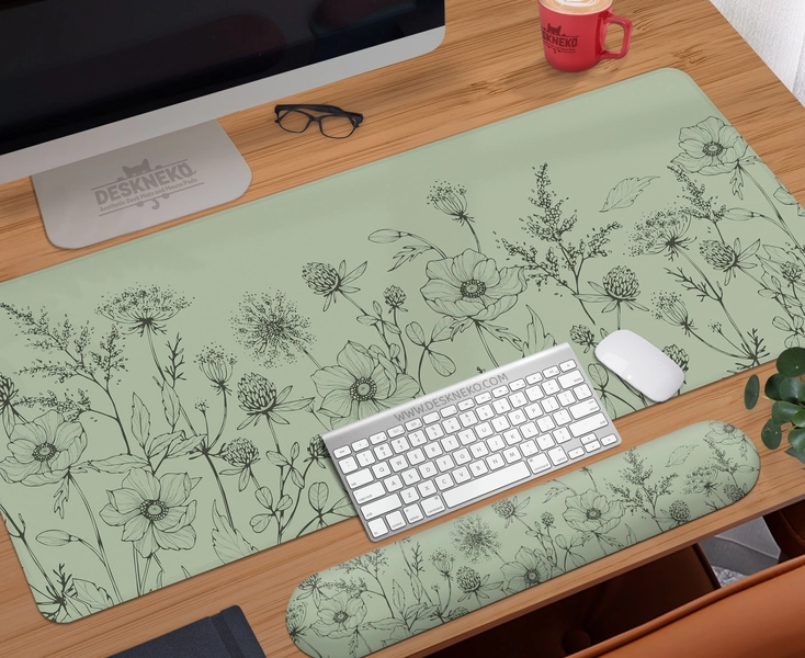 Wild flowers desk mat green, Desert sage Mousepad large, Boho floral deskmat fern forest, XXL extended deskpad xl, Soft wrist rest mouse pad