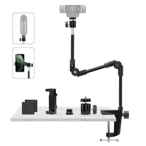Webcam Halterung Kamerahalterung 63,5cm, KDD Webcam Stand mit Handyhalterung & 5/8" Shraube, Lichtstativ Klemme 360° Schwanenhals für Logitech C922 C930e C920 C925e C615 Brio 4K, GoPro Hero, Blue Yeti - 