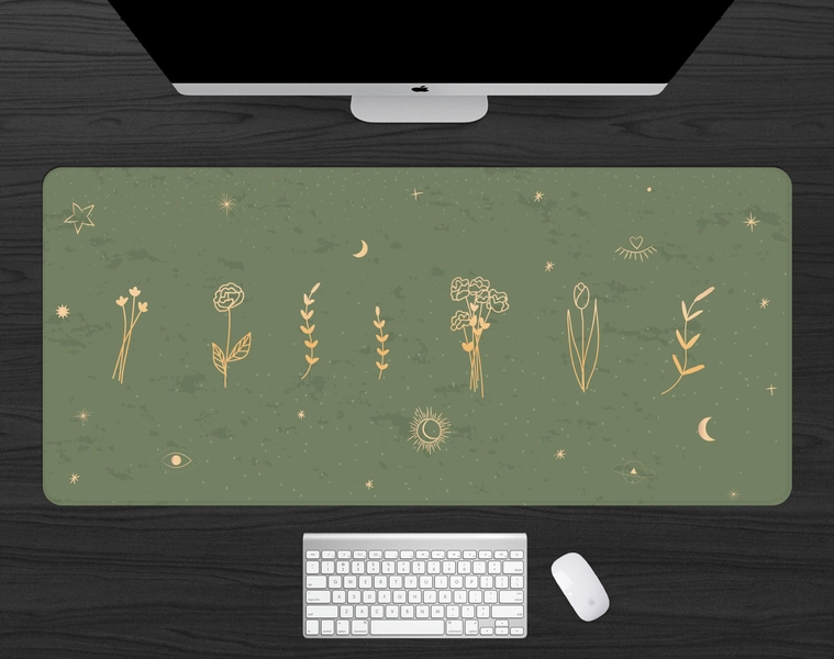Sage green desk mat xxl, Esoteric mystical mousepad, herbology alchemy plants, gold and green deskmat, desk accessories, cute moon and stars