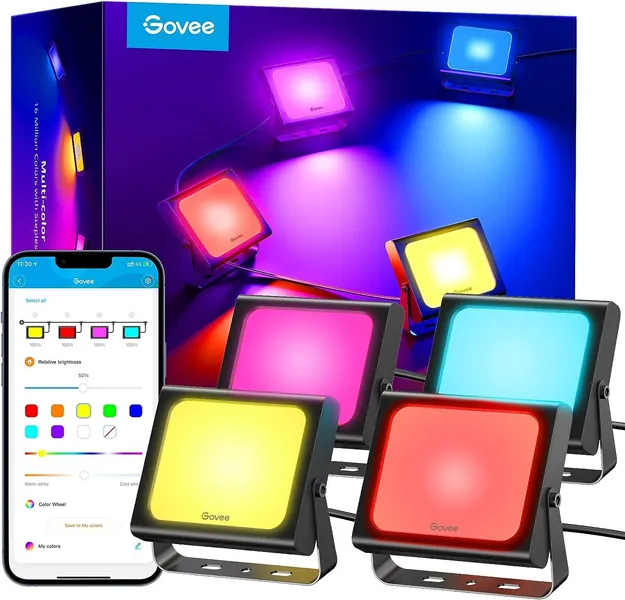 Govee RGBICWW Smart LED Spotlight, WiFi Outdoor Spotlight Works with Alexa, 2700-6500K, Dimmable LED Light with Colour Changing, IP66 Waterproof, Pack of 4