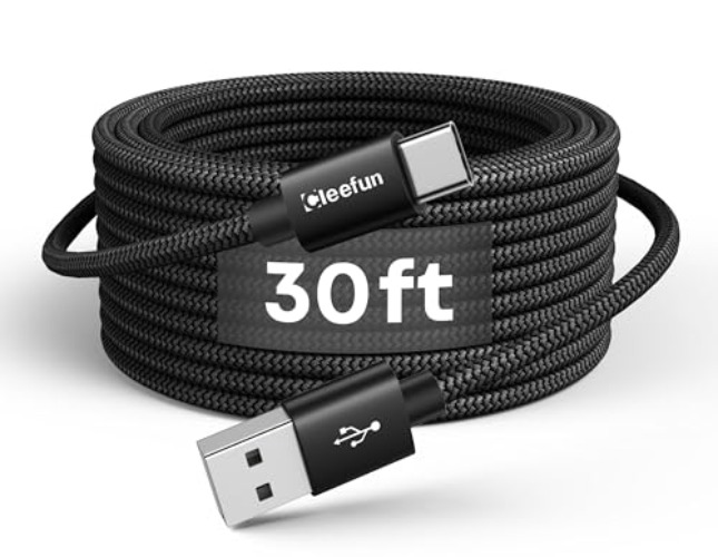 CLEEFUN Extra Long USB C Cable 30ft/10m, 30 Foot USB to USB C Charger Cable, 30 ft USB A 2.0 to USB Type C Charging Cable (no Data) for USB-C Phone, Tablet, Camera, Speaker, Nylon Braided - 30ft - Black
