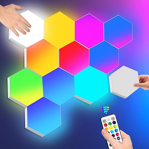 Hexagon LED Panel Wandleuchte mit Fernbedienung, RGB Sechseck Wandleuchte Interaktiv Touch-Steuerung Gaming LED Platten, DIY Hexagon LED Quantum Magic Panel für Gaming Wohnzimmer Geschenke, 6 Panel - 6 Panels Starter-Kit