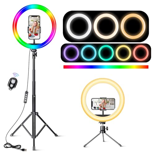 12" Ring Light with Tripod Stand & Phone Holder, 15 RGB Modes & 10 Brightness Level Floor/Desk Selfie Ring Light with Remote Shutter for Makeup Video Youtube Tiktok Live Streaming Zoom Meeting… - 12 inch