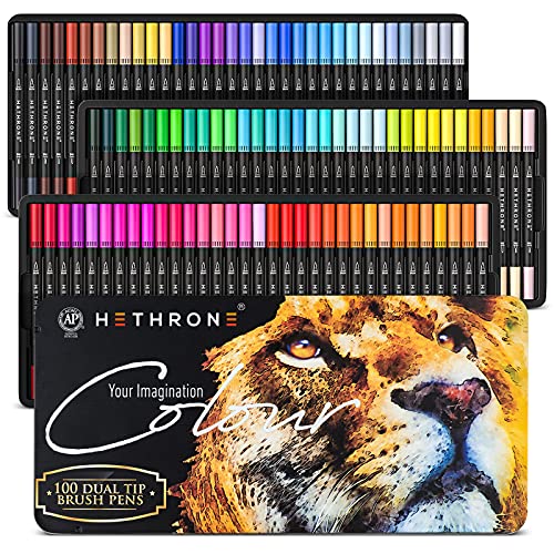 Hethrone Colouring Pens - 100 Colors Dual Tip Brush Pens Watercolour Fineliner Art Markers for Artist/Calligraphy