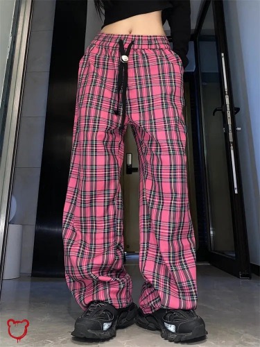 'Red Plaid Harajuku Pants' - Pink / M
