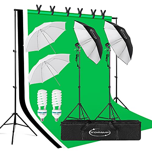 ShowMaven Photography Lighting, 6.5ft x 10ft Backdrop Stand and Umbrellas Continuous Lighting Kit for Photo Studio Product, Portrait and Video Shoot Photography