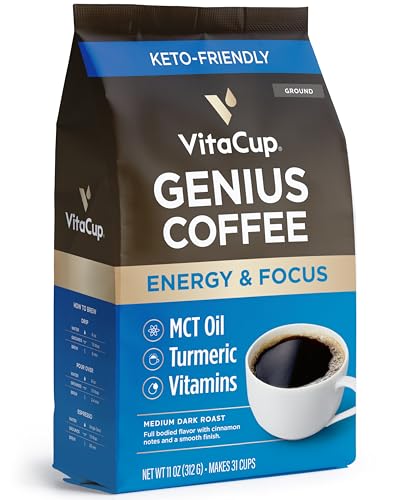 VitaCup Genius Keto Ground Coffee with MCT Oil, Increases Energy & Focus, 11 oz Bag, Medium Roast Blend With B Vitamins & Turmeric, Bold & Smooth Coffee Grounds for Drip Coffee Brewers, French Press - Genius w/ MCT - 312 g (Pack of 1)