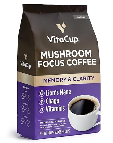 VitaCup Focus Ground Mushroom Coffee with Lions Mane, Chaga, & Vitamins for Immune Support & Focus, Drip Coffee Brewers and French Press, 10 Ounces - Focus w/ Mushrooms - 283 g (Pack of 1)