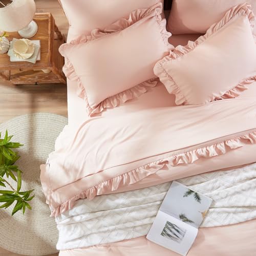 Anluoer Queen Comforter Set 7 Piece, Pink Bed in a Bag with Sheets, All Season Ruffle Shabby Chic Bedding Sets with 1 Comforter, 2 Pillow Shams, 2 Pillowcases, 1 Flat Sheet, 1 Fitted Sheet - Blush-ruffle - Queen