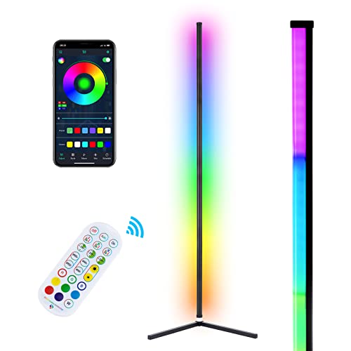 WISIMMALL RGB Corner Floor Lamp, Bluetooth APP and Remote Control Music Sync LED Modern Floor Lamp for Living Room, Light Timing, 398 Dimmable Modes, 64.5" RGB Color Changing Mood Lighting - 1PCS