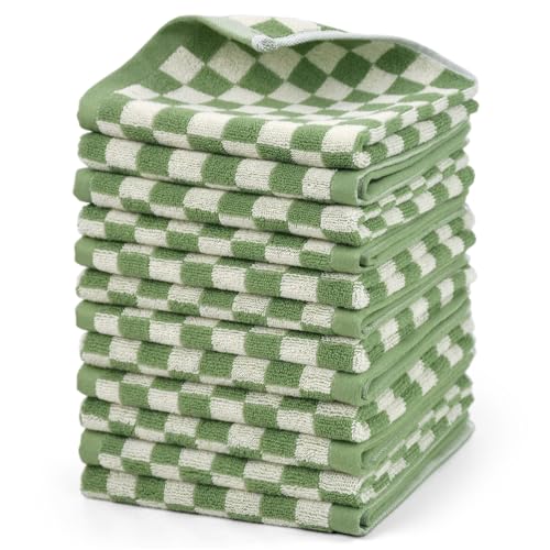 12 Pack Washcloths Set in Green Checkered, Cotton Face Towels 13x13 Inches - Green