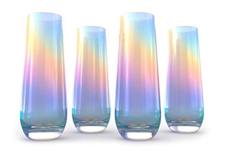 Iridescent Luster Pearl Radiance Set of 4 Champagne Glasses 10oz Each - Radiance White Pearl Whimsy and Nostalgia Large Wine Glass, Colored Wine Glasses, Iridescent Wine Glasses, Rainbow Glasses - Stemless Flutes