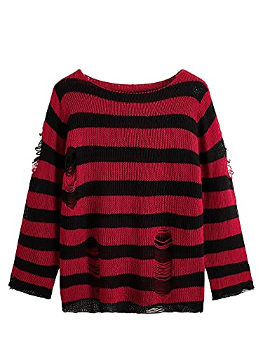 MakeMeChic Women's Casual Striped Print Ripped Long Sleeve Loose Sweater Top - Large - Black and Red