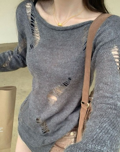 'Letter of Love' Grey Grunge Distressed Knitted Sweater - Gray / M