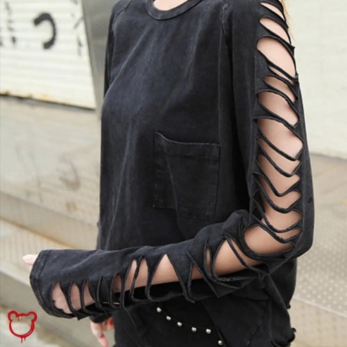 Black Torn Grunge Long Sleeve Top - black / M