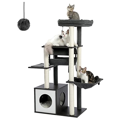 PAWZ Road Wooden Cat Tree Platform Design Modern Cat Tree with Hanging Tunnel 130 cm Grey - L-130cm - Black