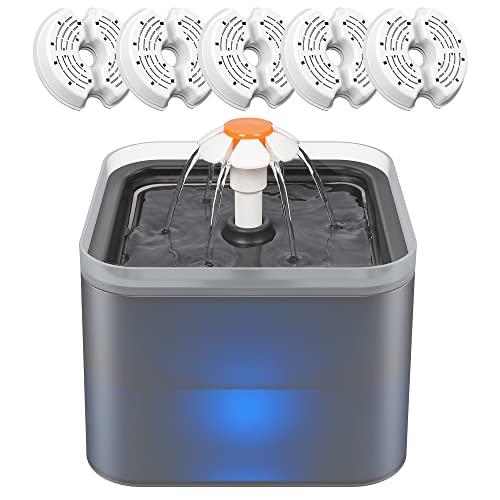 NICREW Cat Water Fountain, Pet Water Fountain with LED Nightlight and 5 Filters, 2L, Drinking Fountain for Cats and Small Dogs - Gray+5 Filters