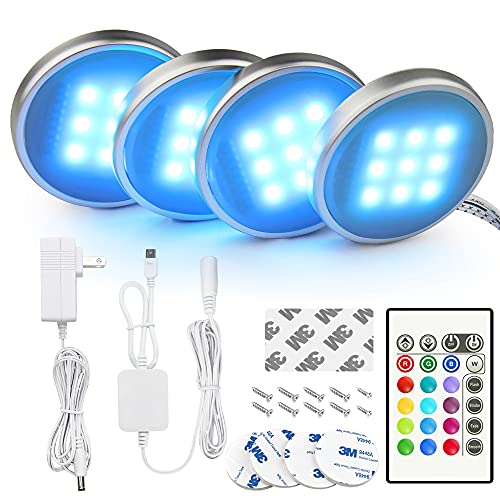 BASON LIGHTING RGB Under Cabinet Lighting, Remote Control Puck Lights, Wired Multi Color Changing, Dimmable, Adaptor Powered for Kitchen Cabinets Counter, Bookshelf, 4 Pack - Basic - RGB (Red, Green, Blue)