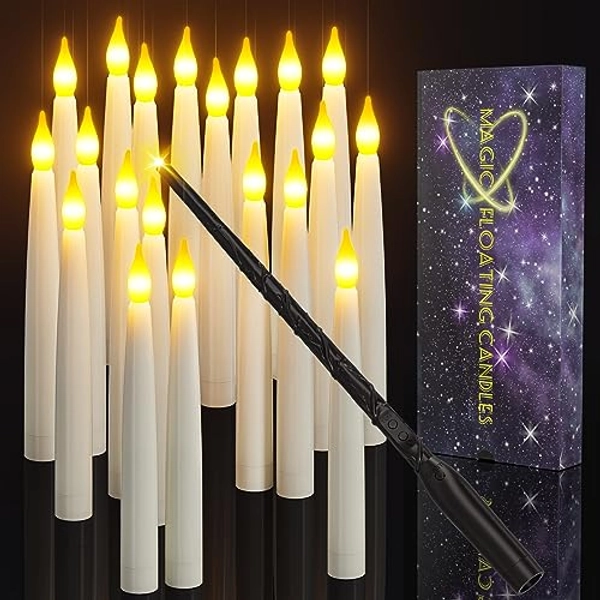 PChero 20pcs Flameless Taper Floating Candles with Magic Wand Remote, Flickering Warm Light, Battery Operated 6.1" Harry Hanging Up Potter LED Candle for Halloween Decorations Christmas Window Decor