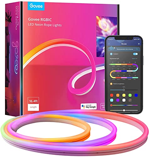 Govee Neon LED Strip 5m, RGBIC LED Streifen mit App-Steuerung, Musik-Sync, DIY Shape Design, Funktioniert mit Alexa & Google Assistant, 64 Modi dimmbar LED Neon für Wohnzimmer und Wand Deko - 5M